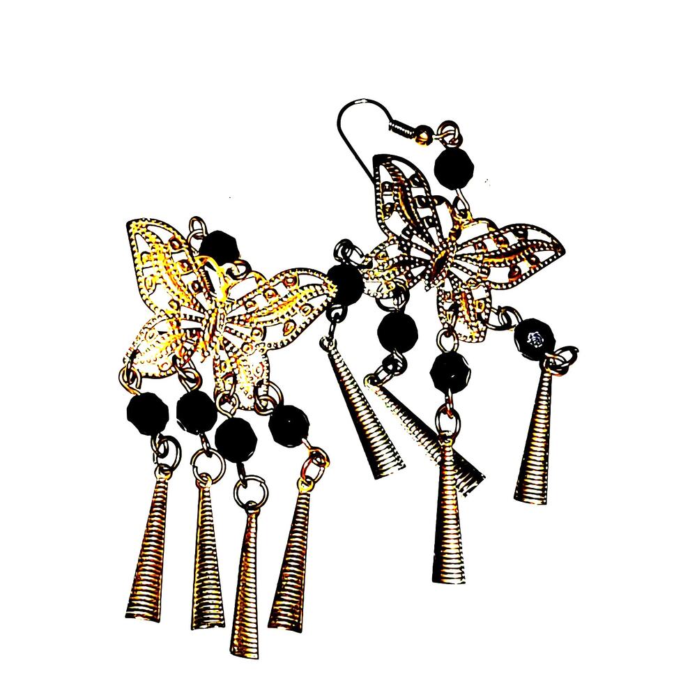 3" Vintage Gold & Black Butterfly Chime Chandelier Earrings